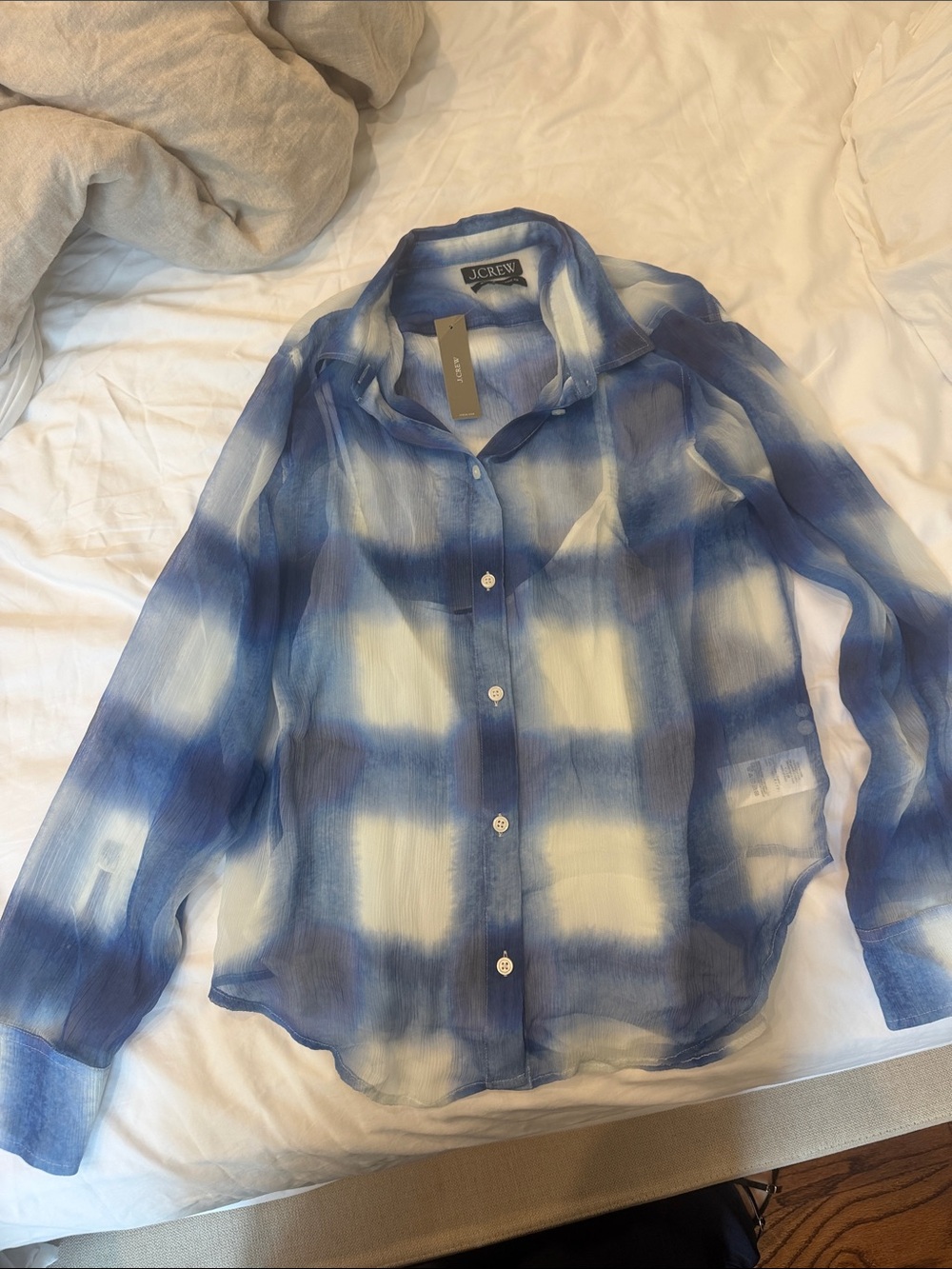 J. Crew women’s Sheer Blue and White Plaid Button-Up Shirt size 10